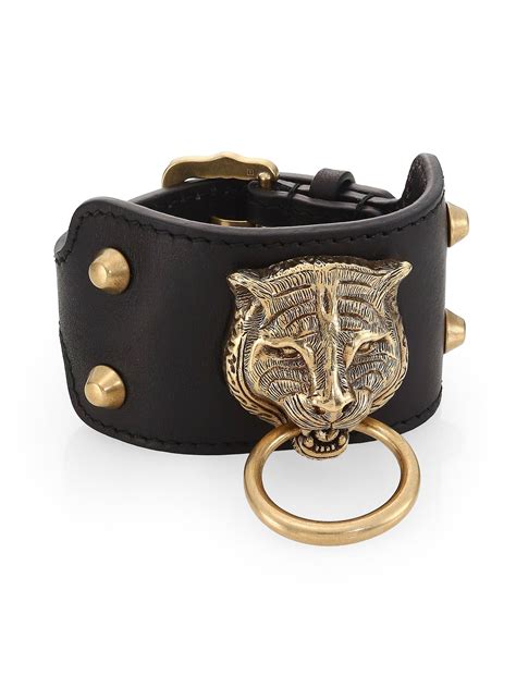 gucci leather bracelet with feline heads|Gucci leather bracelet for men.